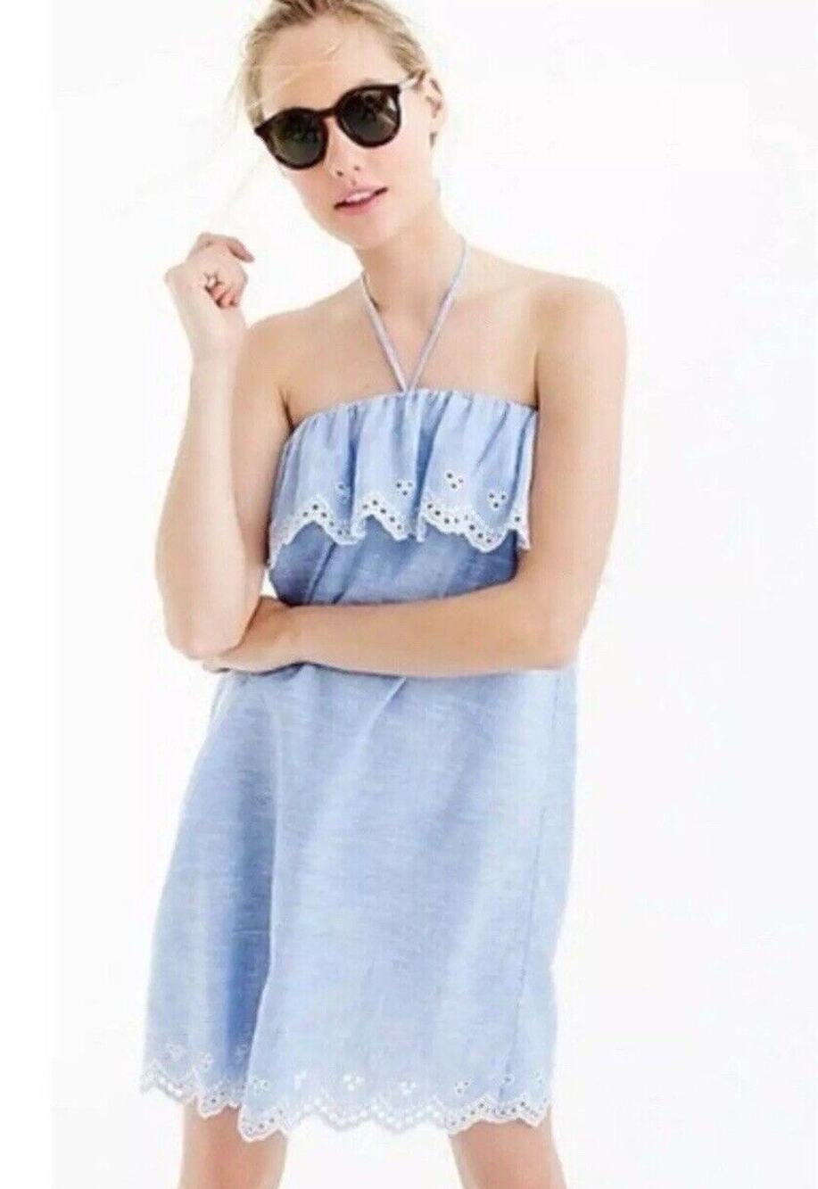 J Crew Eyelet Beach Dress Cover Up Sz Medium G7611 Blue Chambray Mini Linen Bld